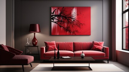 Red velvet sofa, abstract art, modern living room, window view, interior design