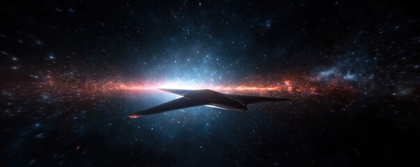 Obraz premium Futuristic spacecraft flying in vibrant cosmic space with stars