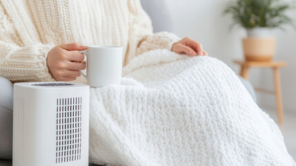 A woman sits under a white blanket, sipping tea and feeling frustrated next to a heater on a chilly day in her cozy living room. home insulation, heating, cold at home