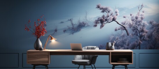 Modern home office with serene landscape mural, laptop, and decor