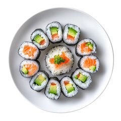 A beautifully arranged plate of sushi rolls with fresh fish and rice. png transparent