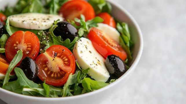 Aerial view of a fresh salad with mozzarella, cherry tomatoes, and black olives on mixed greens in a white bowl. Baked chicken fillet, turkey. sports nutrition. Nutriologist