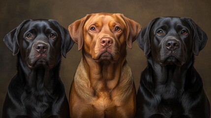 Obraz premium Three Loyal Dogs Indoor Studio Realistic Photo Neutral Background Close-up Canine Companionship