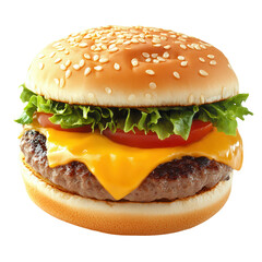 A cheeseburger with melted cheese, lettuce, tomato, and a sesame seed bun. png transparent