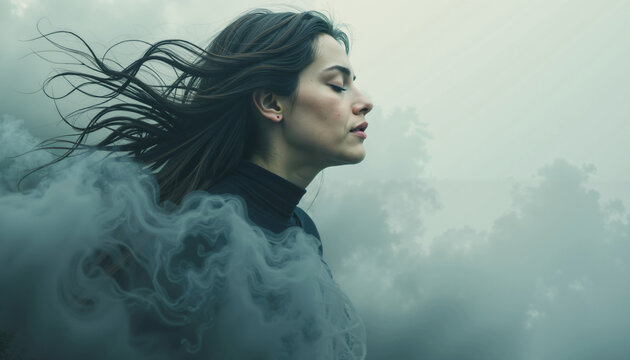 Serene Woman with Flowing Hair in Mystical Foggy Landscape