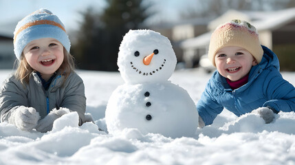 Happy toddlers building snowman in snowy yard