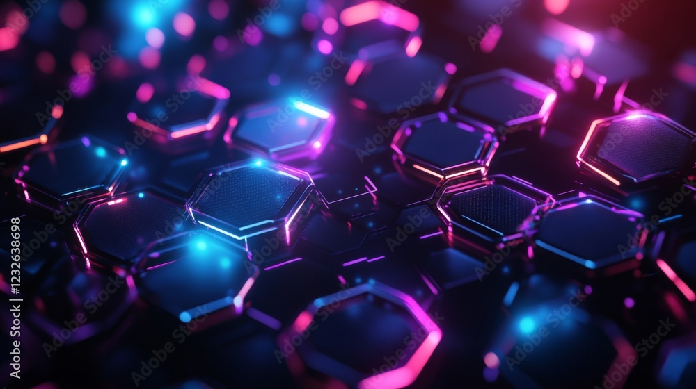 Poster Abstract Hexagon Pattern with Glowing Neon Lights