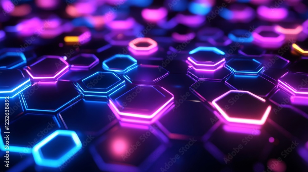 Poster Abstract Hexagon Pattern with Neon Lights