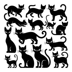 Set of black cat silhouettes.