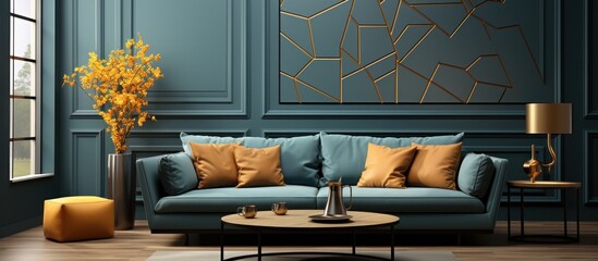 Teal living room sofa, yellow accents, geometric wall art, window view