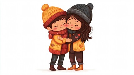 Adorable Children Characters Hugging in Flat Vector Illustration for Designs