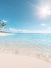 Fototapeta premium Tranquil beach scene with clear blue water, white sand, and a bright sun above.