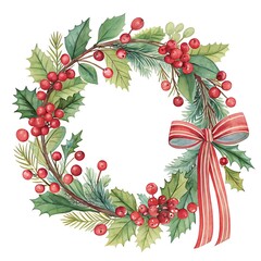 christmas round wreath ring in watercolor style isolated on white background