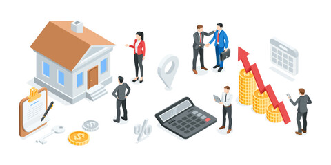 isometric vector concept with people and icons house and money chart with arrow and calculator, in color on white background, real estate and finance