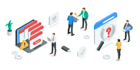isometric vector concept with people and icons of computer and program window, in color on white background, debugging or problem solving in IT