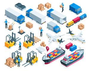 large isometric set of transport and workers for cargo transportation and warehouse work, in color on a white background, trucks and train as well as plane and ship