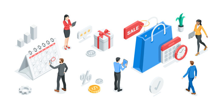 isometric vector shopping bag and clock with calendar and gift and business people, in color on a white background, shopping or sale time
