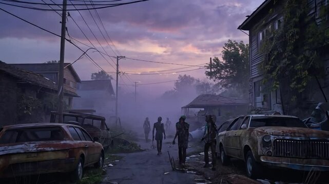 Dark Horror Mystery Danger Hordes of undead, Zombie walking in the abandoned town, Beginning of the zombie apocalypse, Zombie crowd walking