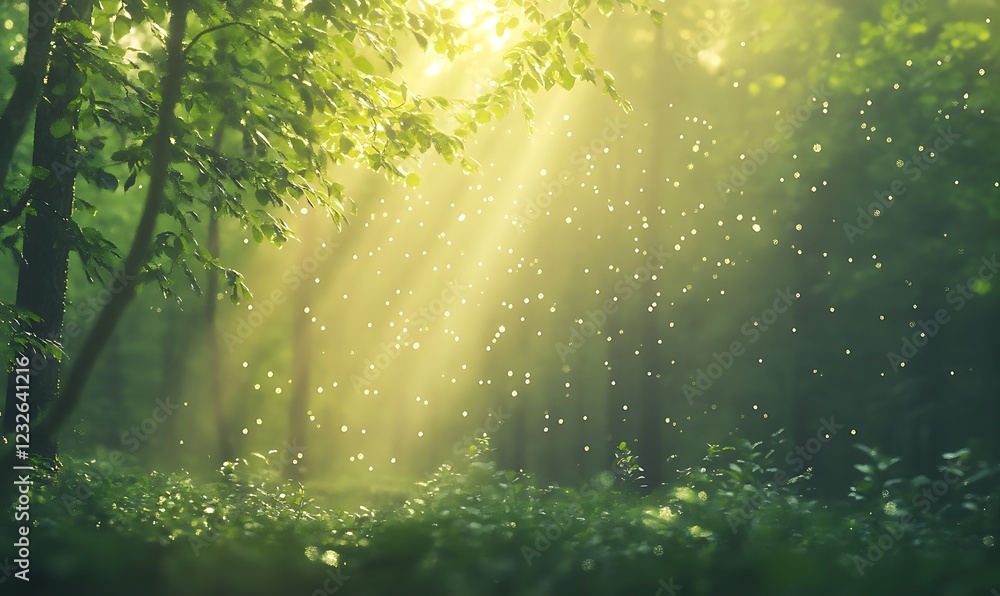 Aufkleber Sunlight filters through trees, illuminating a serene forest scene with floating particles.