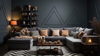 Cozy sectional sofa in dark living room, geometric wall, autumn decor, home interior design