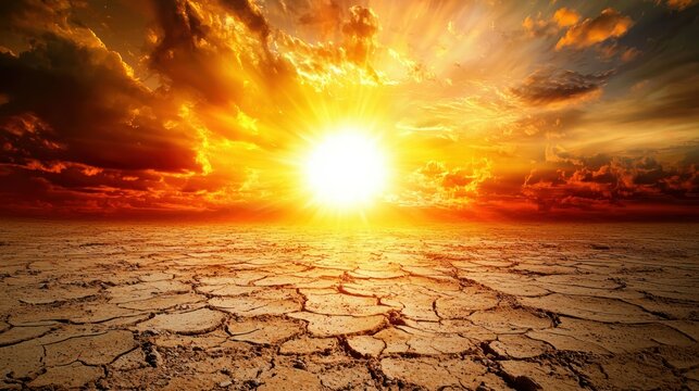 A hot and arid landscape with a glowing sun, symbolizing the overwhelming presence of excess heat in a desert environment.