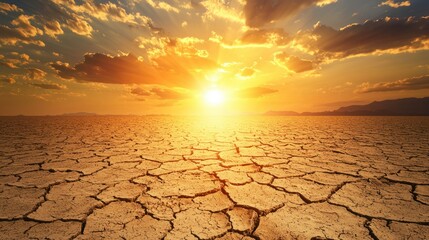 A hot and arid landscape with a glowing sun, symbolizing the overwhelming presence of excess heat in a desert environment.