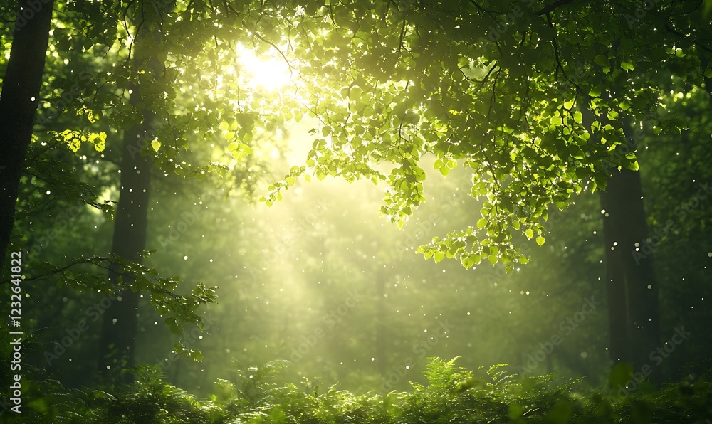 Poster Sunlight filters through lush green trees, creating a serene and enchanting forest atmosphere.