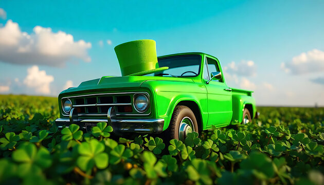  a small green car with a green top hat, st patrick day concept, St Patrick's Day Background, 17th March St. Patrick's Day, Happy St. Patrick's Day Card, Irish day, generative ai