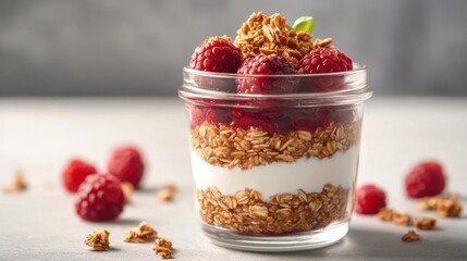 Delicious granola and raspberry parfait recipe kitchen food photography bright appetizing health-conscious
