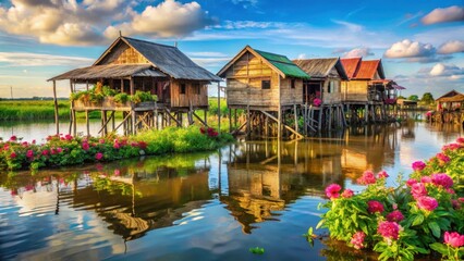Obraz premium Traditional wooden houses on stilts above the water with lush greenery and vibrant flowers in the floating village on Tonle Sap lake , rice fields, floating village