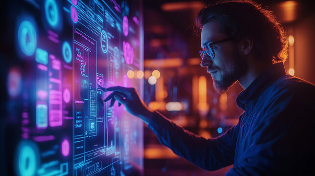 A young UX/UI designer working in a high-tech office, using a stylus on a large interactive touchscreen. Holographic wireframe designs float around, showcasing futuristic app interfaces. 