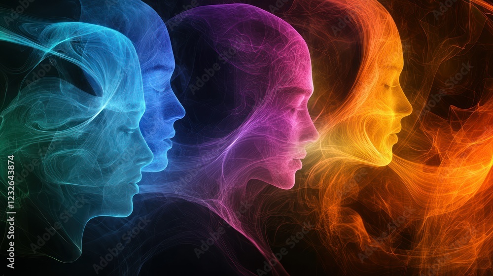 Poster a group of people in an abstract design, using bright colors and dynamic lines to visualize exciteme