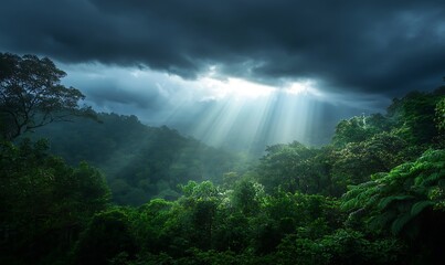 Dramatic sunlight breaks through dark clouds over a lush, green forest landscape.