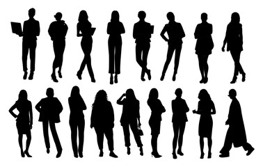 Silhouettes of diverse business women standing, walking, full length, front, side view, working on laptop. Business concept. Vector black illustrations isolated on transparent background.
