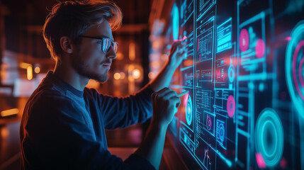 A young UX/UI designer working in a high-tech office, using a stylus on a large interactive touchscreen. Holographic wireframe designs float around, showcasing futuristic app interfaces. 