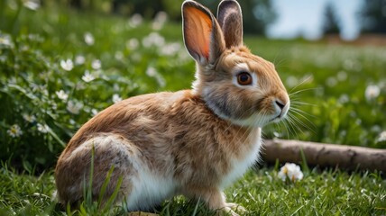 A cute brown rabbit sits in a green meadow with orange flowers, its ears perked up and eyes alert. The soft fur glows under sunlight, creating a wildlife scene perfect for nature and animal photograph