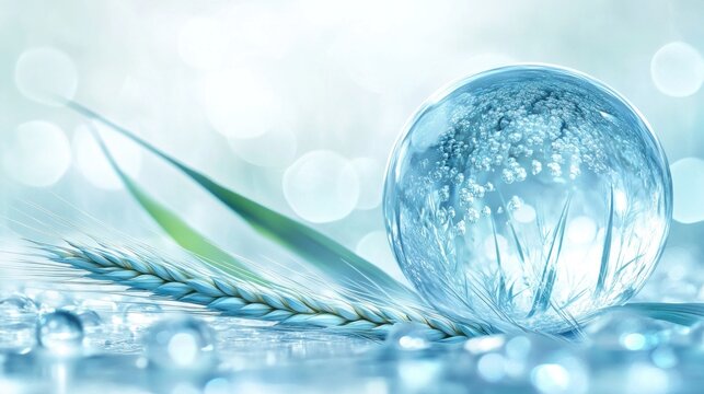 3r render of abstract art of a transparent blue sphere with luminous white background with 3d molecules and surreal molecules and green wheat and luminous light and water drops and water waves
