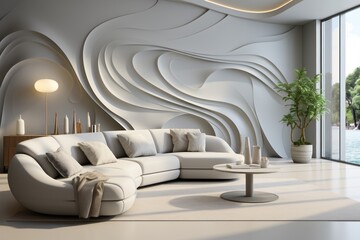 Modern curved sofa in minimalist living room with wavy wall, pool view, and sunlight