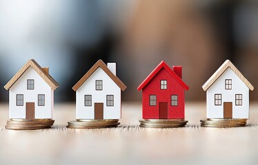 A collection of miniature houses on coins, symbolizing real estate investment and financial growth.