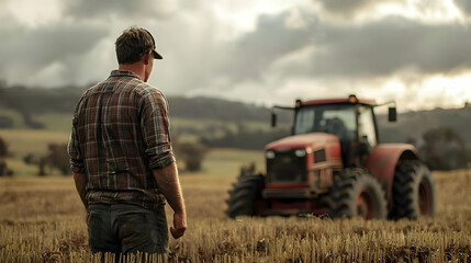 Obraz premium Australian Farmer Overlooking Harvest Field - Agricultural Hardship Story