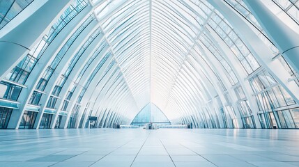 Modern atrium lobby; spacious, bright, glass architecture; city background; corporate brochure