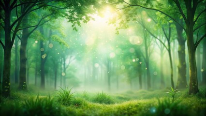 Obraz premium Misty forest foliage with green bokeh background, green, forest, green, forest, foliage