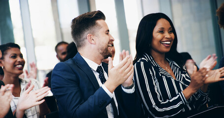 Obraz premium Business people, applause and happy in audience, conference and celebration for company goals. Crowd, men and women with diversity, success and announcement for profit with cheers at insurance agency