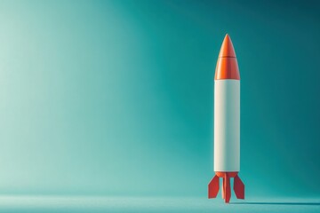 Rocket flying in minimalist style on blue background . outer space