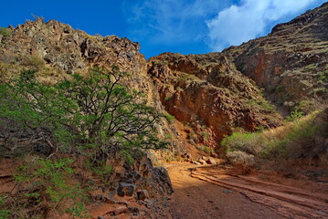 Northern Kyrgyzstan. Picturesque winding trails of the Kok Moinok canyons with red-brown rock along the Chu River.