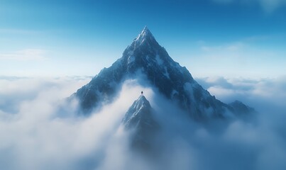 Majestic mountain peak rising above clouds under a clear blue sky.