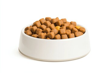 Pet food industry , pet business growth Filled pet food bowl for dogs or cats. Isolate on white image for advertising