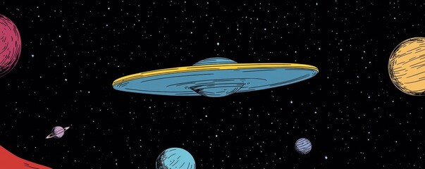 Obraz premium Colorful UFO in Outer Space with Planets and Stars Background