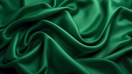Fototapeta premium Dark teal green silk satin. Shiny smooth fabric. Soft folds. Luxury background with space for design. web banner. Flat lay, top view table. New year.