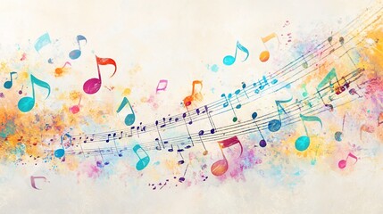 Colorful musical notes flowing on watercolor background, design element